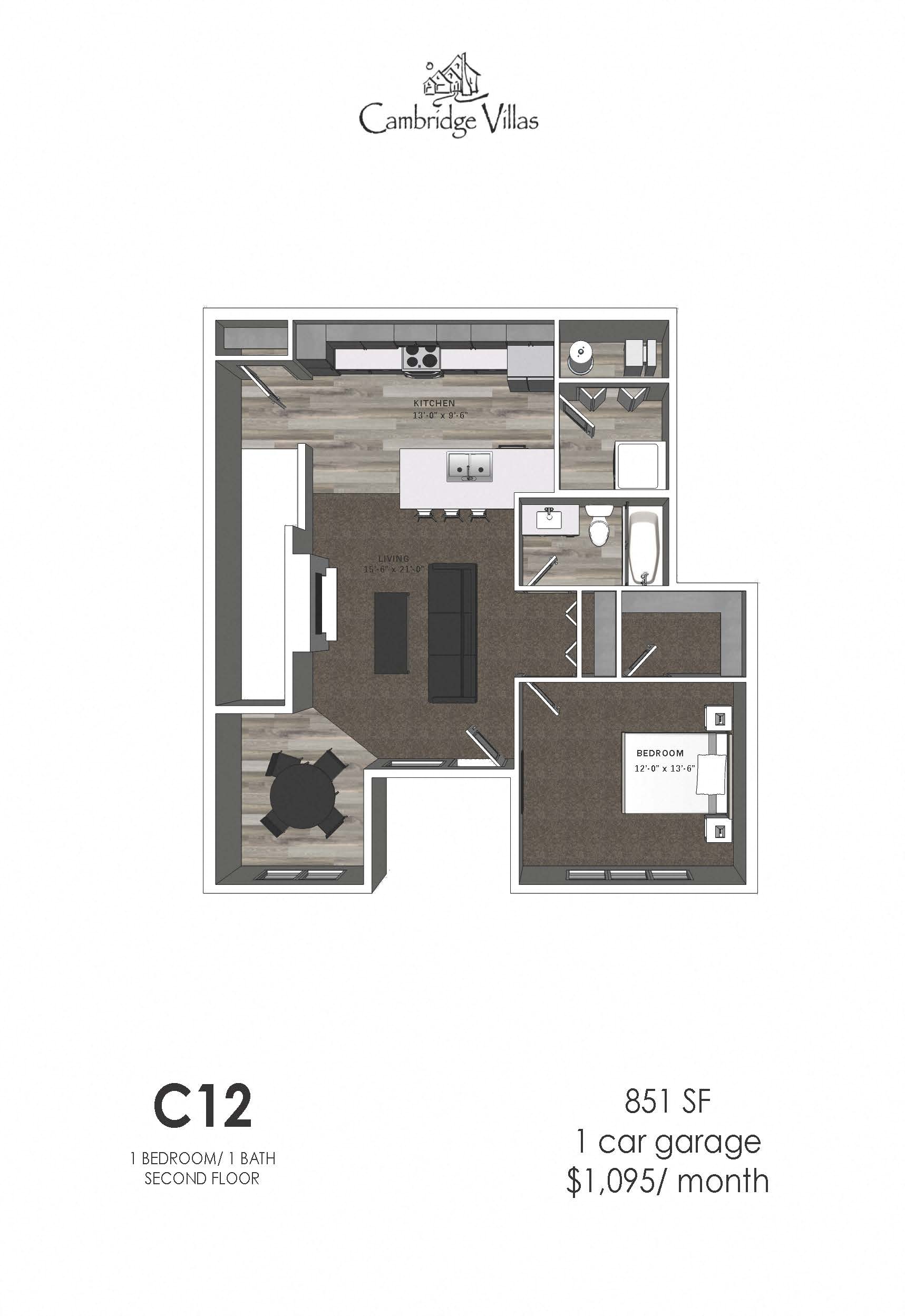 Floor plan for 1 bed, 1 bath, 851 sqft
